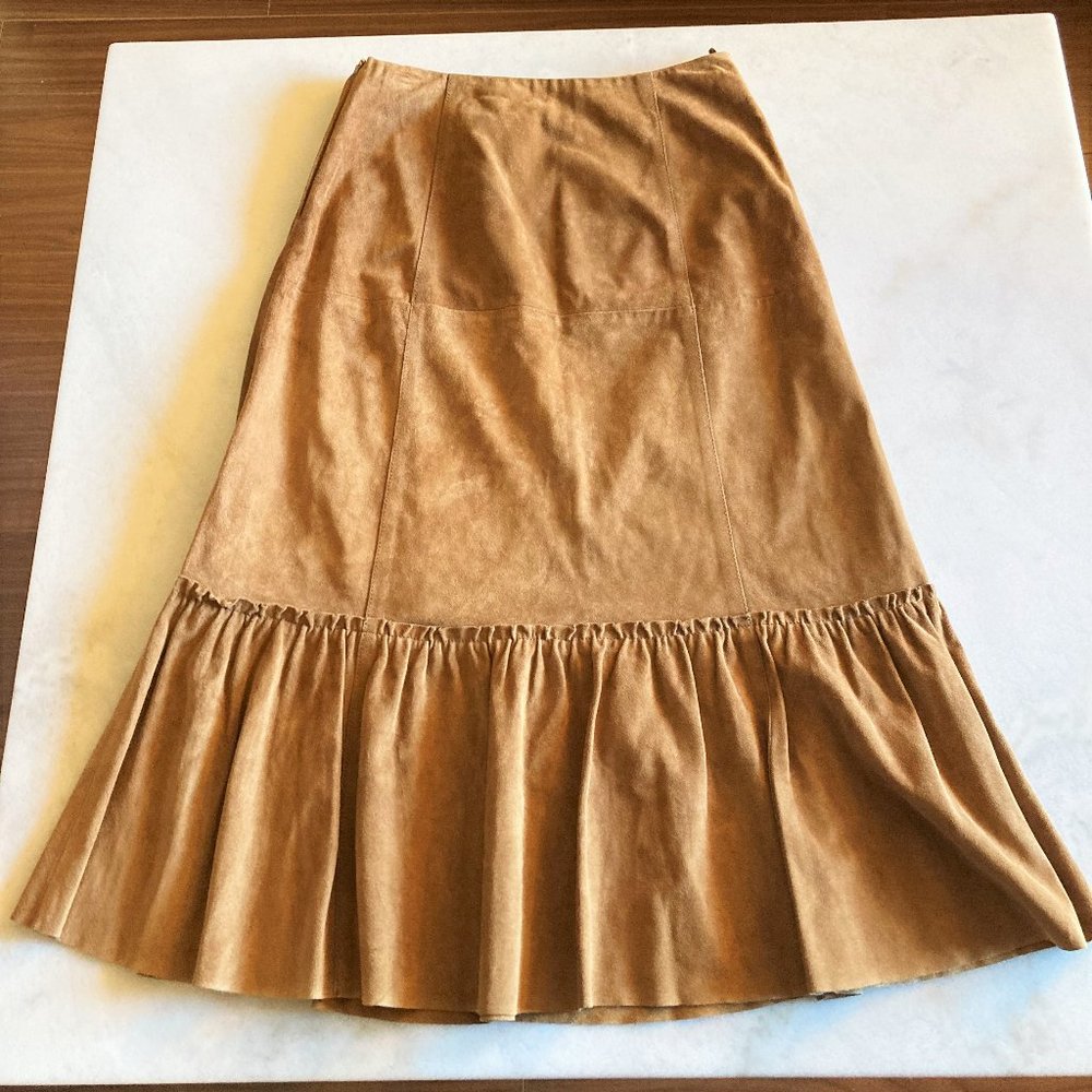 New! Weekend MaxMara tan suede long skirt, tiered ruffle (genuine leather)